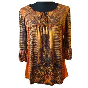 DRESSBARN BOHO STYLE TIE FRONT BALLOON SLEEVE BLOUSE RUST BROWN GOLD SIZE SMALL